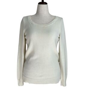 BANANA REPUBLIC Women’s Cream Sequined Elbow Patch Crewneck Sweater Size M